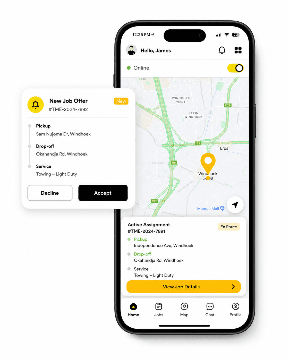 TowME Namibia operator app dispatch screen