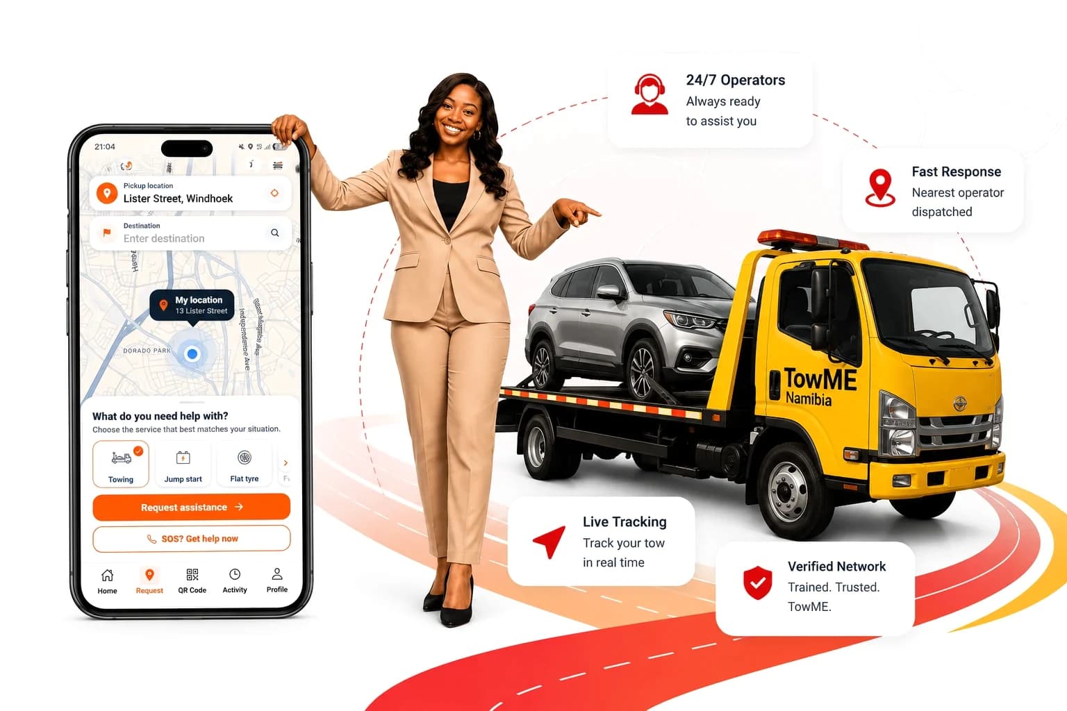 The TowME Namibia app request screen next to a flatbed tow truck carrying a vehicle