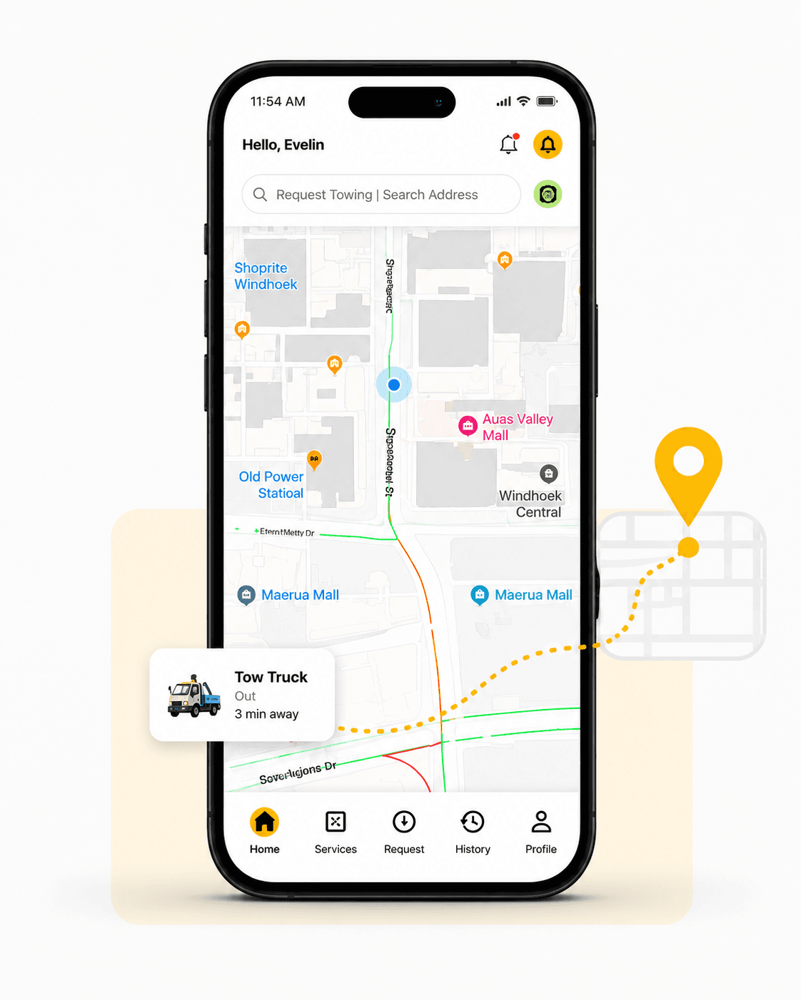 TowME Namibia user app live tracking screen